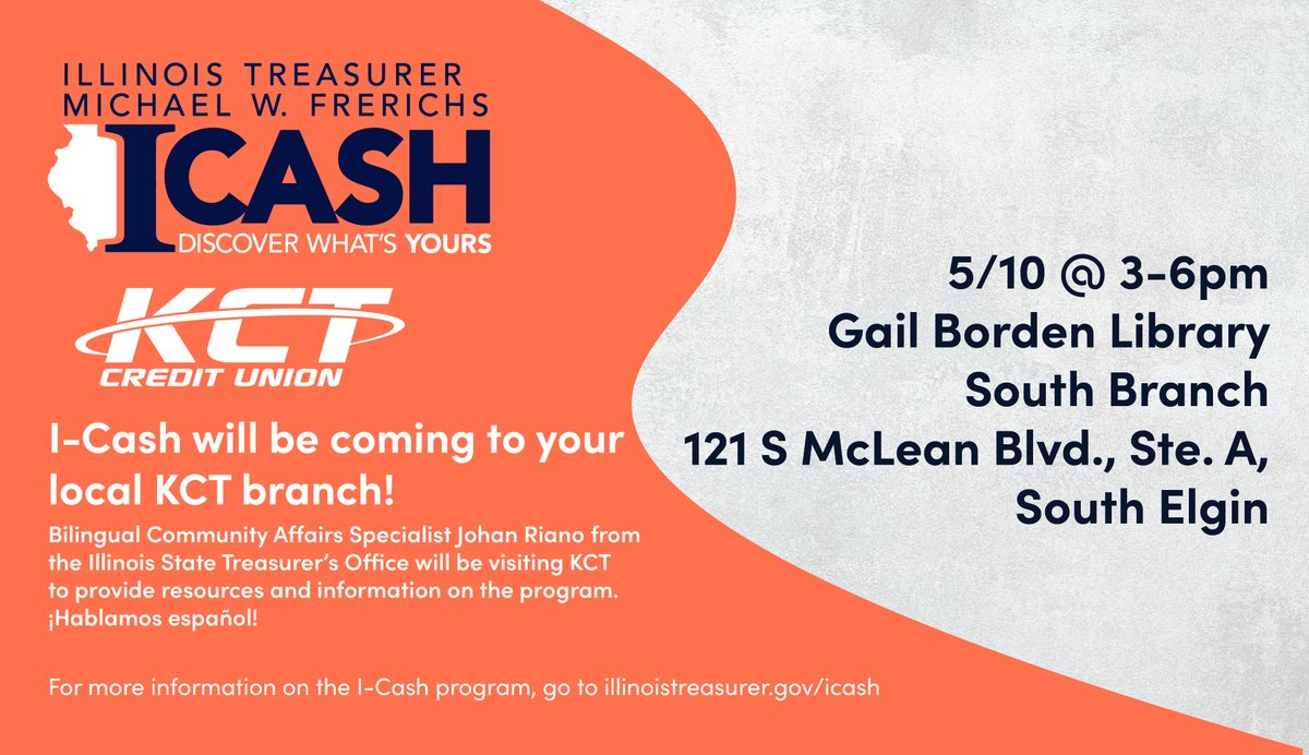 Join us at @gailbrdnlibrary on 5/10 to learn about I-Cash, the #StateofIllinois program that reunites Illinoisians with forgotten bank accounts, uncashed checks, stocks, dividends & more! Johan Riano from the @ILTreasurer's office will be there answering questions from 3-6pm!