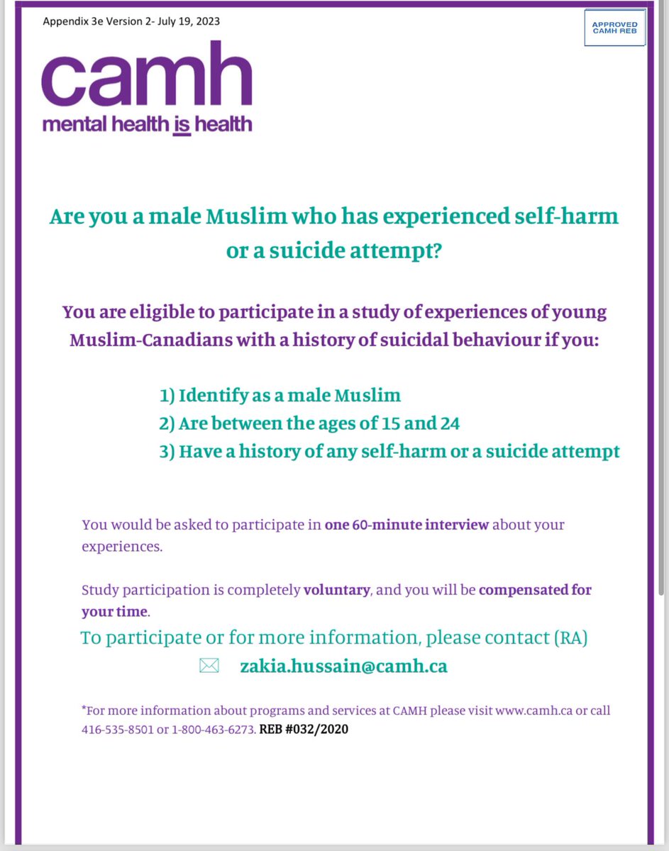 We are recruiting for a study on the experiences of young Muslim men in the GTA who have had suicidal thoughts or behaviour at any point in their lives to better our understanding and improve mental health care. Contact info below, and an honorarium is provided. Please share!