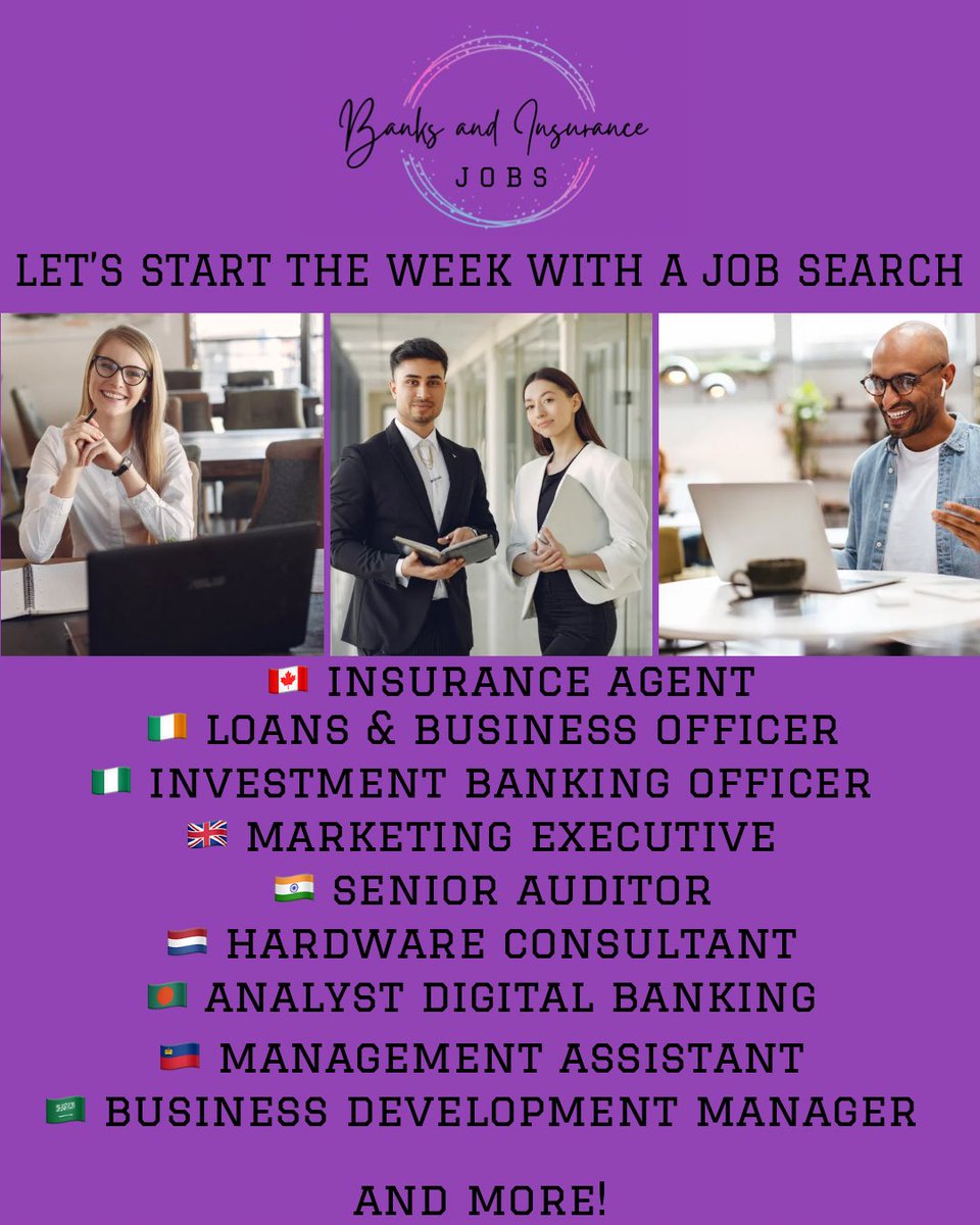Happy Monday!! 

Here are some #Jobs to start the week with. For more #JobOpenings ⬇️

banksandinsurancejobs.com

#employment