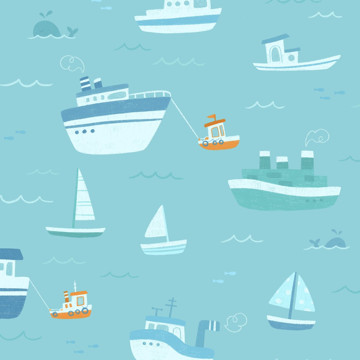 Tuggoat endpapers! ⛵️🚤🚢🛥️ It was so fun and relaxing getting to draw all these different boats with all different shades of blue. I wanted to give the tugboats a pop of color 🧡 @beamingbooksmn Tuggoat is available now so you can see how gorgeous it printed in person!