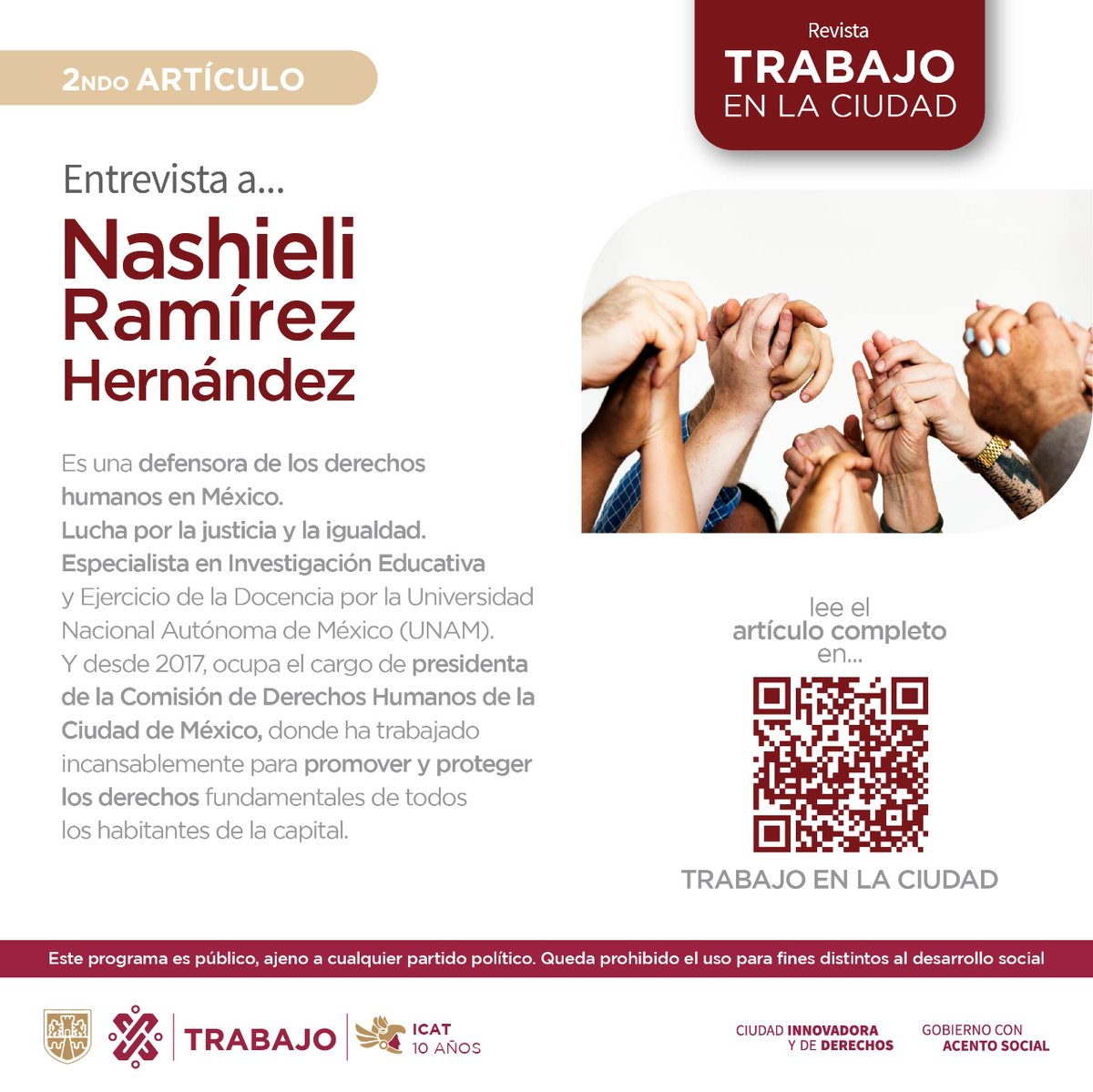 Entra a 🌐 icat.cdmx.gob.mx/revista-digital y lee la entrevista completa a Nashieli Ramírez, ella es defensora de los Derechos Humanos en México 🇲🇽✨ #TrabajoEnLaCiudad 🏢 #10AñosIcatCDMX 🫶🏼