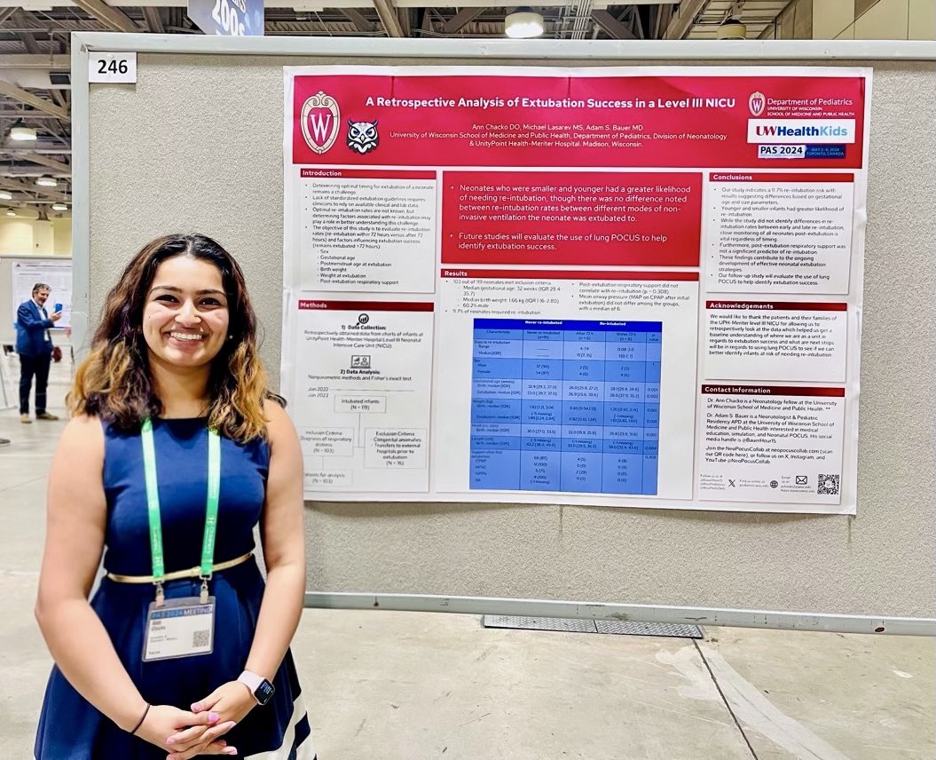Super proud of @WiscPediatrics NICU fellow Dr. Ann Chacko’s work on reintubation risk factors that helped plan our lung #POCUS study using LUS scores pre & post extubation to help identify success vs reintubation. @PASMeeting #WiscAtPAS #PAS2024 #NeoTwitter @NeoPocusCollab