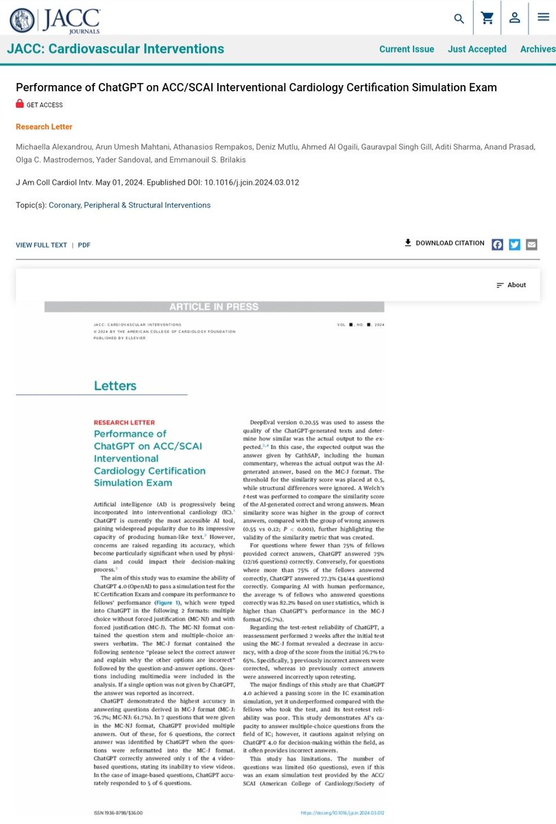 Center for Coronary Artery Disease (@ccad_mhif) on Twitter photo Our latest article discussing how #ChatGPT did on the interventional cardiology certification exam is now available online at <a href="/JACCJournals/">JACC Journals</a>!
Key findings: ChatGPT passed ✅, but did not perform as well as the fellows 👥.
Read more here: jacc.org/doi/10.1016/j.… Our latest article discussing how #ChatGPT did on the interventional cardiology certification exam is now available online at <a href="/JACCJournals/">JACC Journals</a>!
Key findings: ChatGPT passed ✅, but did not perform as well as the fellows 👥.
Read more here: jacc.org/doi/10.1016/j.…