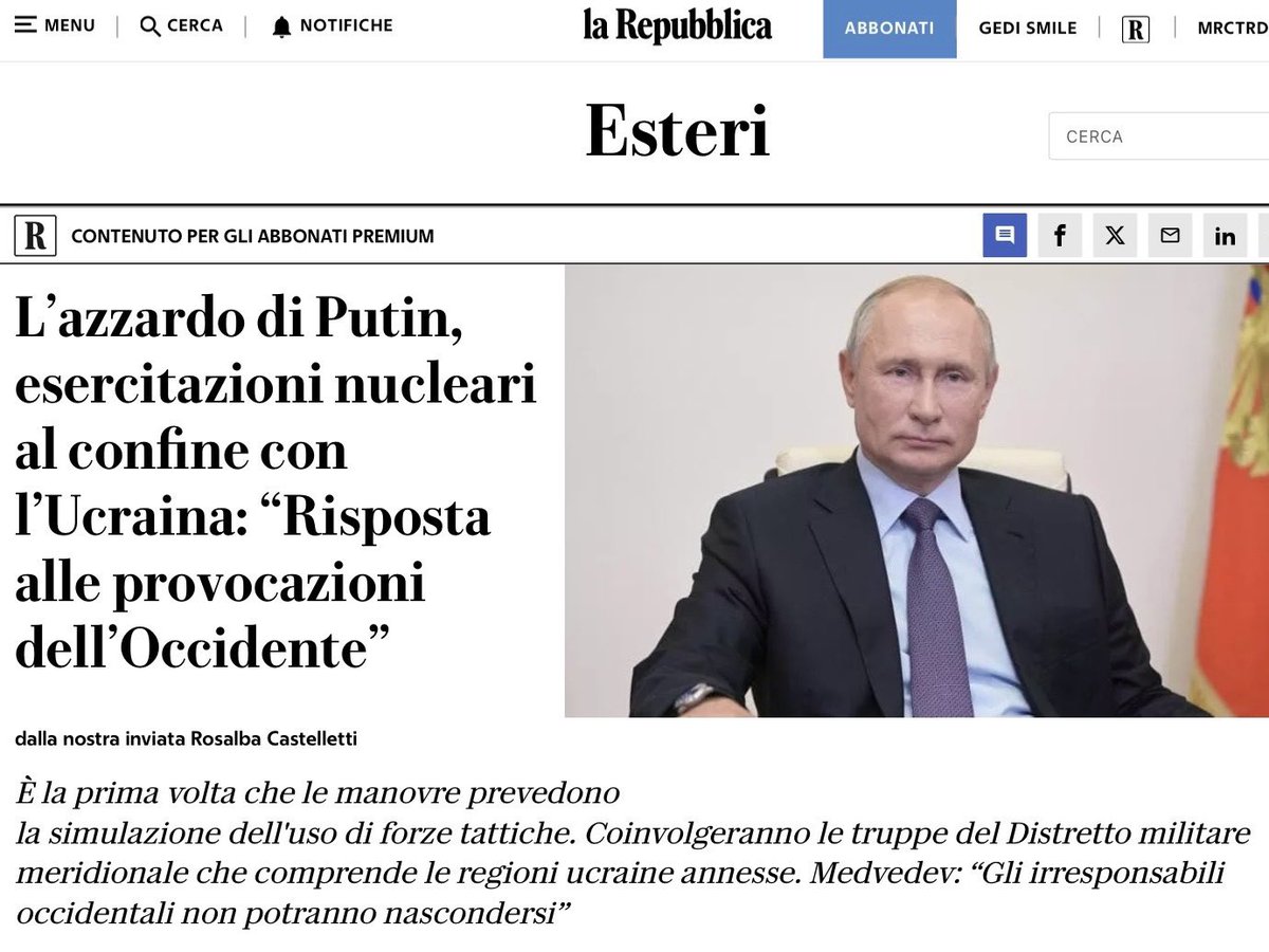 Mentre Putin alza la voce fino al limite della guerra nucleare, il gradasso, due partiti italiani dichiaratamente filo Putin (v. Salvini e Santoro) e uno non dichiaratamente (v. Conte) sono impegnati nella campagna per le elezioni europee. I famosi Italiani brava gente.