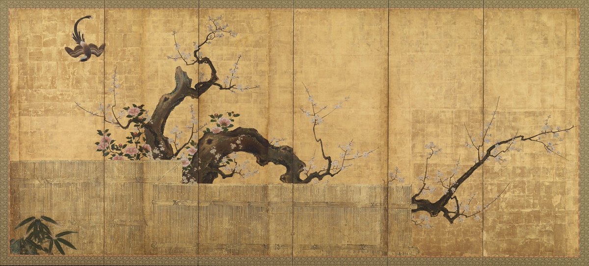 Blossoming Plum and Camellia in a Garden Landscape, by Kano Koi, 17th century #kanoschool