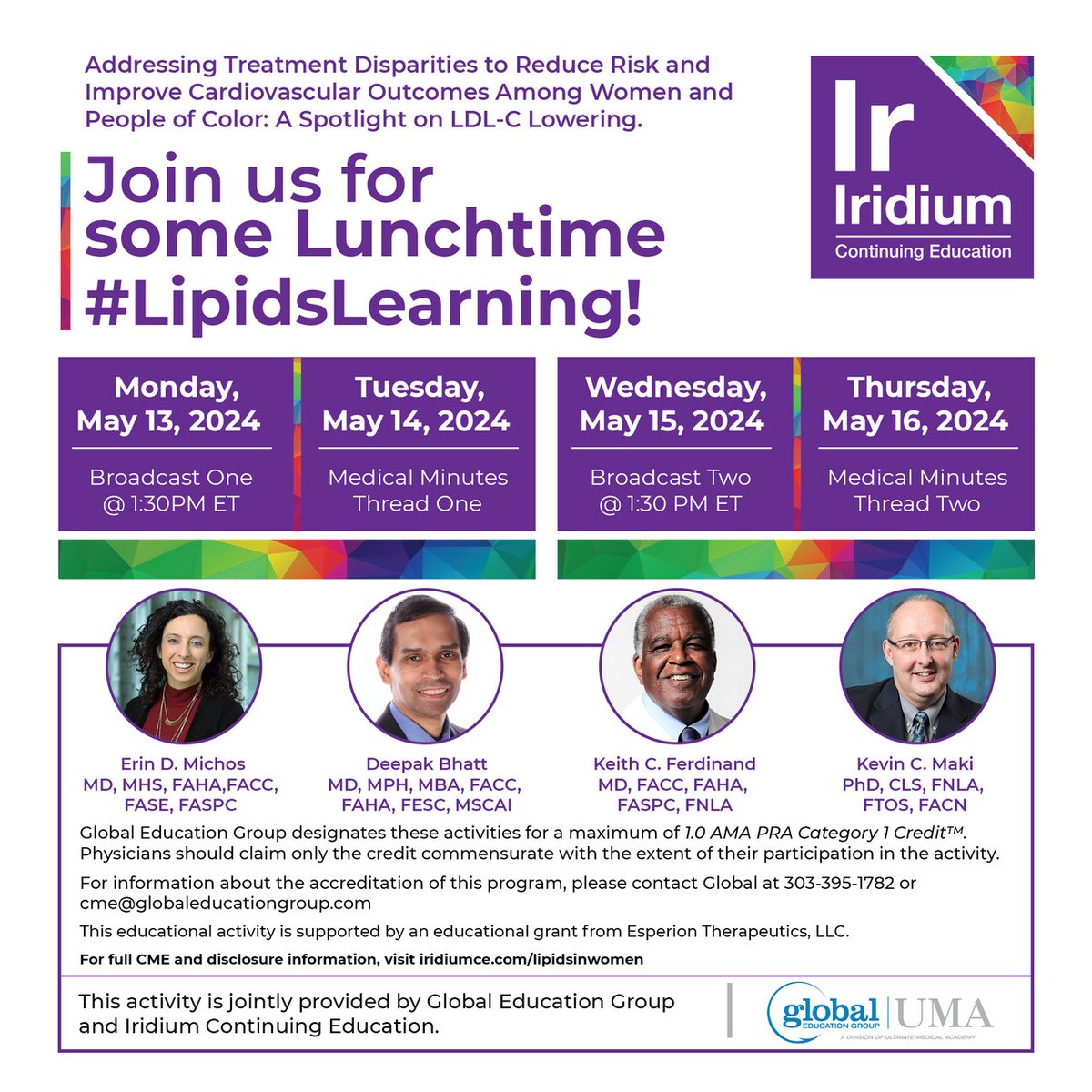 Mark your calendars for an insightful conversation about treatment disparities & improving cardiovascular health for women & minorities. Join us in our #Lipids #MedEdThread with @DLBhattMD, @TippingTheOdds, @ErinMichos & @kcferdmd. Save the dates! 📅 Broadcasts: May 13 & 15,…