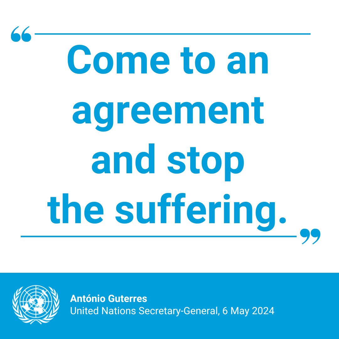 “I reiterate my urgent call to the Israeli government & Hamas leadership to come to an agreement & stop the suffering.” @antonioguterres is deeply concerned by indications that a large-scale military operation in Rafah in southern Gaza may be imminent. un.org/sg/en/content/…