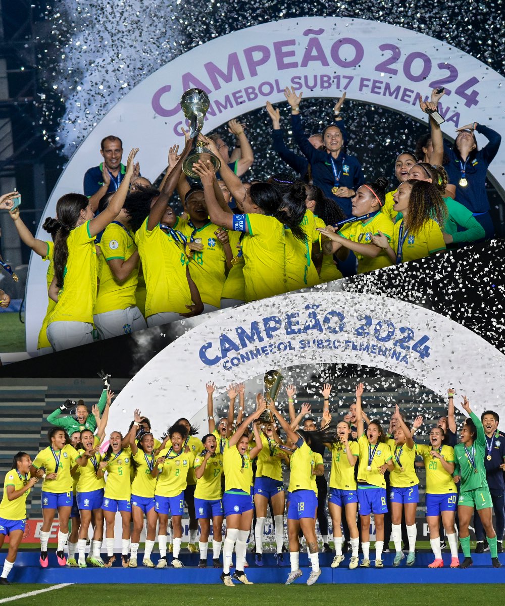 A BASE VEM COMO? 🇧🇷🏆 Seleção Feminina Sub-17 🤝 Sub-20! Duas competições, dois títulos! O Sul-Americano de ambas as categorias é do Brasil! Orgulho define!