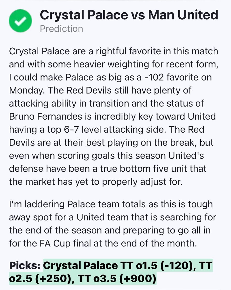 What a call by @AnthonyDabbundo 👏 Crystal Palace TT over 1.5, 2.5 and 3.5 ✅ ✅ ✅