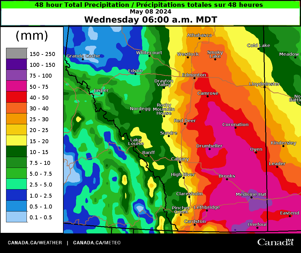 Widespread rainfall totals of 25-50 mm expected for east-central and southern regions. Rainfall warnings are out in the southeast for totals of 50-75 mm and locally 80+ mm. Precipitation moves out of the region on Wednesday. #abstorm