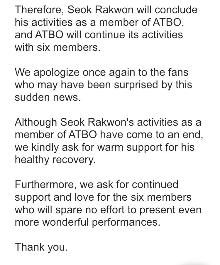IST Entertainment has announced that Rakwon has left ATBO due to health issues. He has been on hiatus since March. We wish him a fast recovery! @ATBO_ground #ATBO #RAKWON