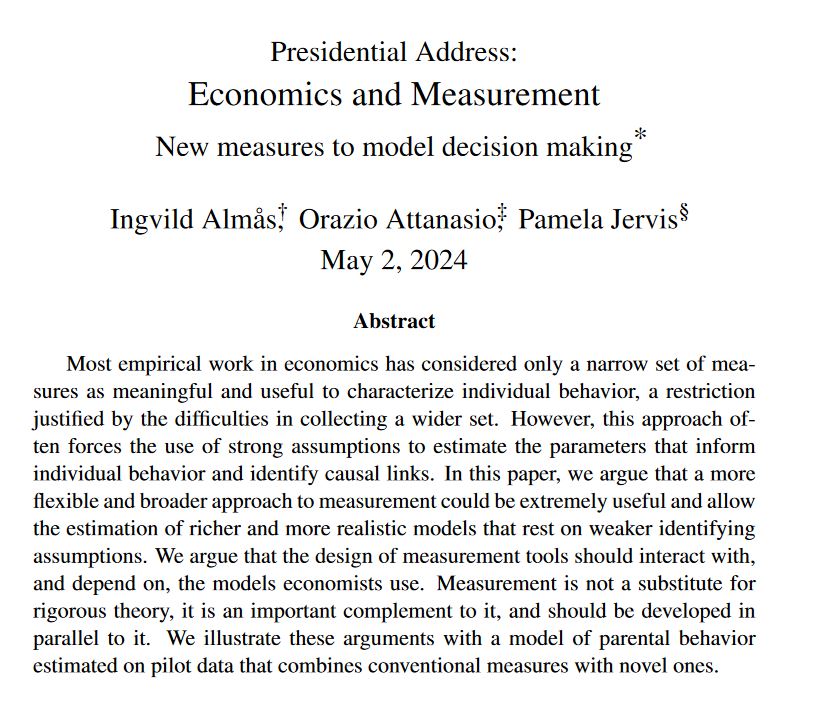 Empirical economists have typically used few measures, requiring strong assumptions to identify causality. A wider measurement approach allows richer model estimation. However, new measures complement, rather than substitute, theory in empirical analysis econometricsociety.org/publications/e…