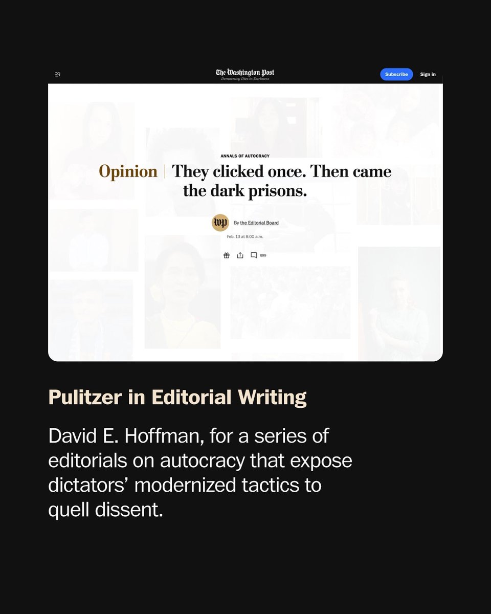🧵David E. Hoffman (@thedeadhandbook) was awarded the 2024 Pulitzer Prize for editorial writing. His series highlighted a new generation of political prisoners, explored how dictators learn from each other — and mapped how democracy might be won. wapo.st/4b9kyP8