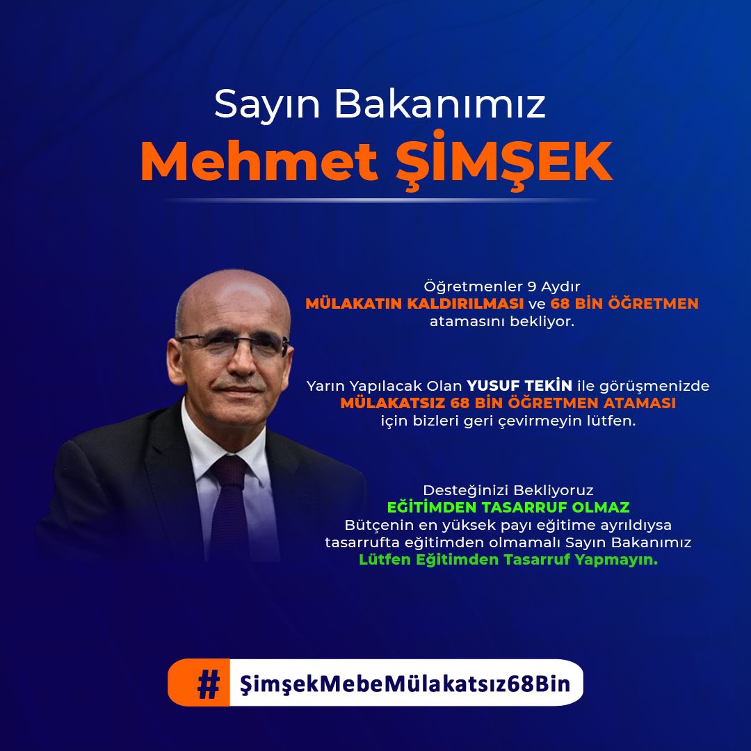 Sayın <a href="/eczozgurozel/">Özgür Özel</a>
Sayın <a href="/dbdevletbahceli/">Devlet Bahçeli</a> 
Sayın <a href="/meral_aksener/">Meral Akşener</a> 
Sayın <a href="/MDervisogluTR/">Müsavat Dervişoğlu</a>
Sayın <a href="/Ahmet_Davutoglu/">Ahmet Davutoğlu</a> 
Sayın <a href="/DpGultekinUysal/">Gültekin Uysal</a> 
Sayın <a href="/T_Karamollaoglu/">.</a> 
Sayın <a href="/vekilince/">Muharrem İNCE</a> 
2023 KPSS ile Atama Bekleyen Öğretmenler Sizlerden Destek Twiti Bekliyor.
#ŞimşekMebeMülakatsız68Bin