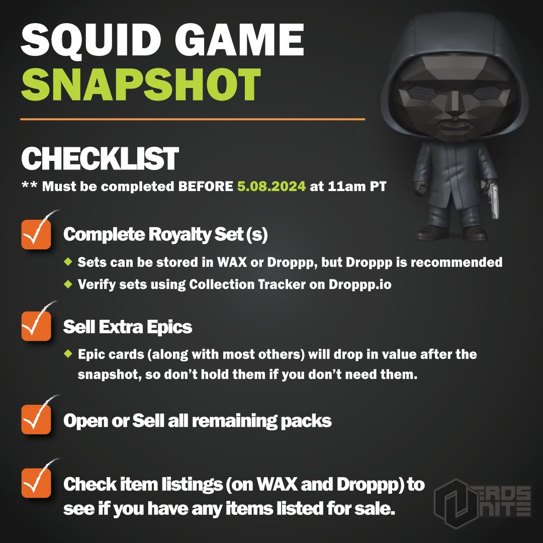 Friendly #FunkoNFT Reminder: The #SquidGame Snapshot is almost here! Get everything in order before 5.08 at 11am PT!
Spread the word. 
#FunkoPop #FunkoFunatic #NFT #WAXNFT @Dropppio