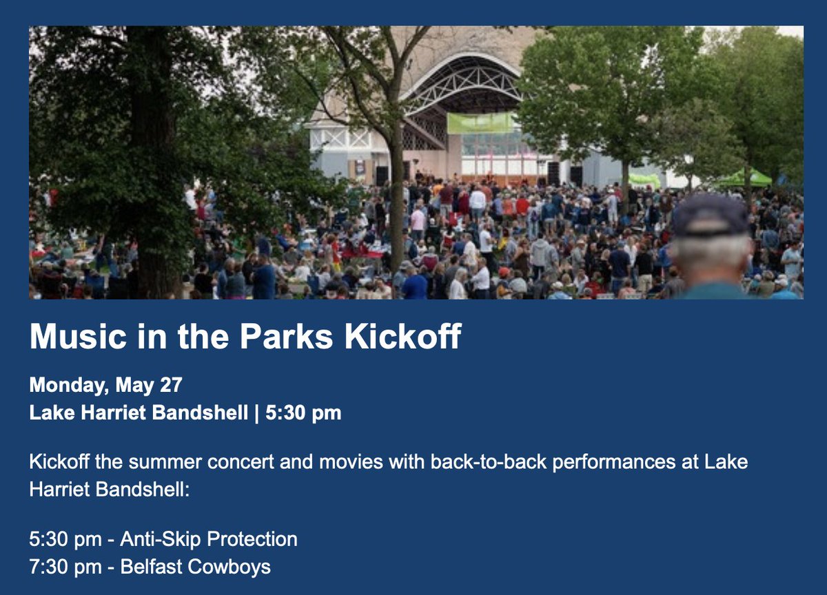 Music in the Parks means that summer is back. And this year the bandshell is blue. The series kickoff is May 27 at 5:30 p.m. at the Lake Harriet Bandshell. 🎺🎶