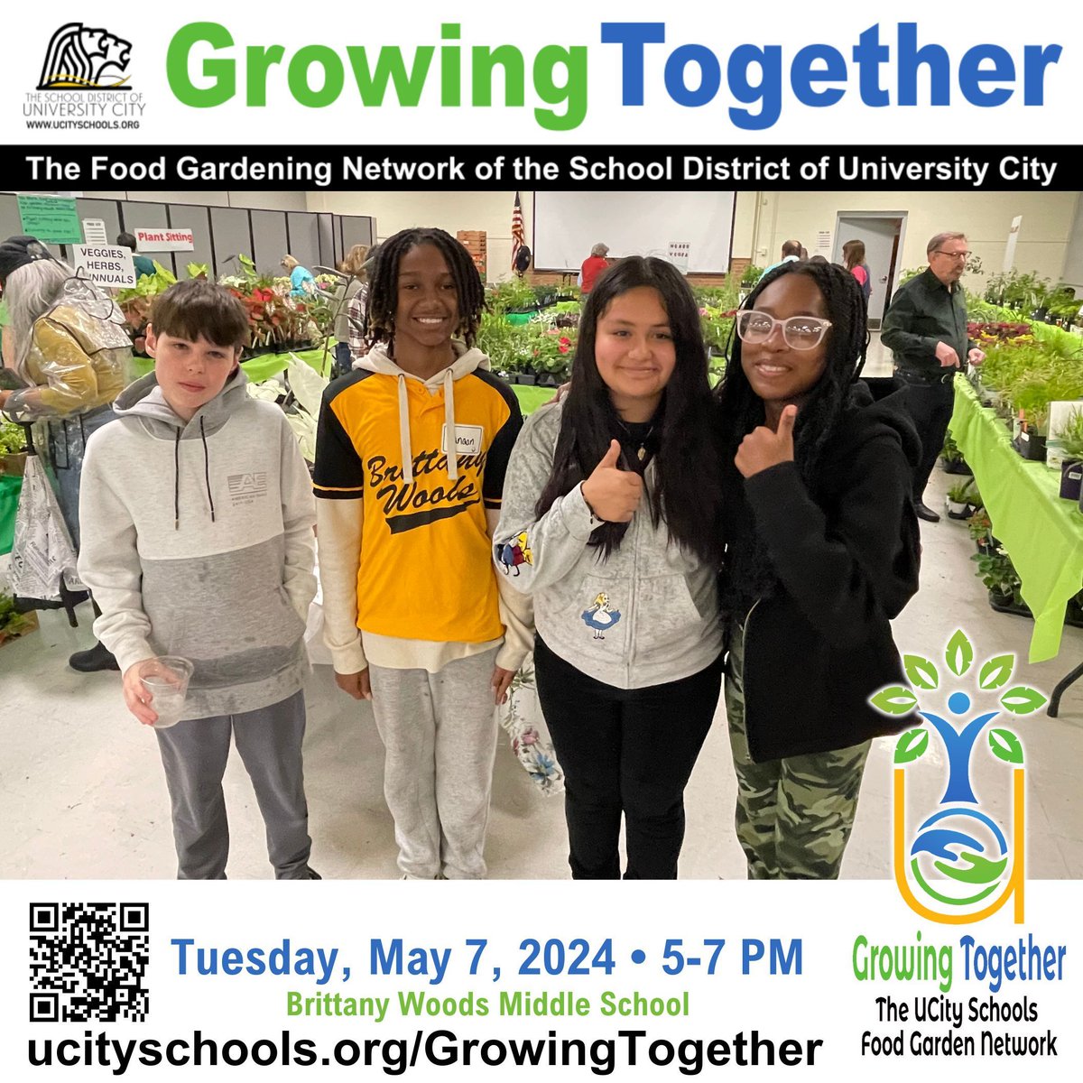 Brittany Woods Middle School students promote their gardening program and May 7 Growing Together event during U. City in Bloom’s Plant Sale preview night. 🌿 Learn more at ucityschools.org/GrowingTogether. #CommunityGardens #GreenRibbonSchoolsAwardee @UCSharonica @UCLearns