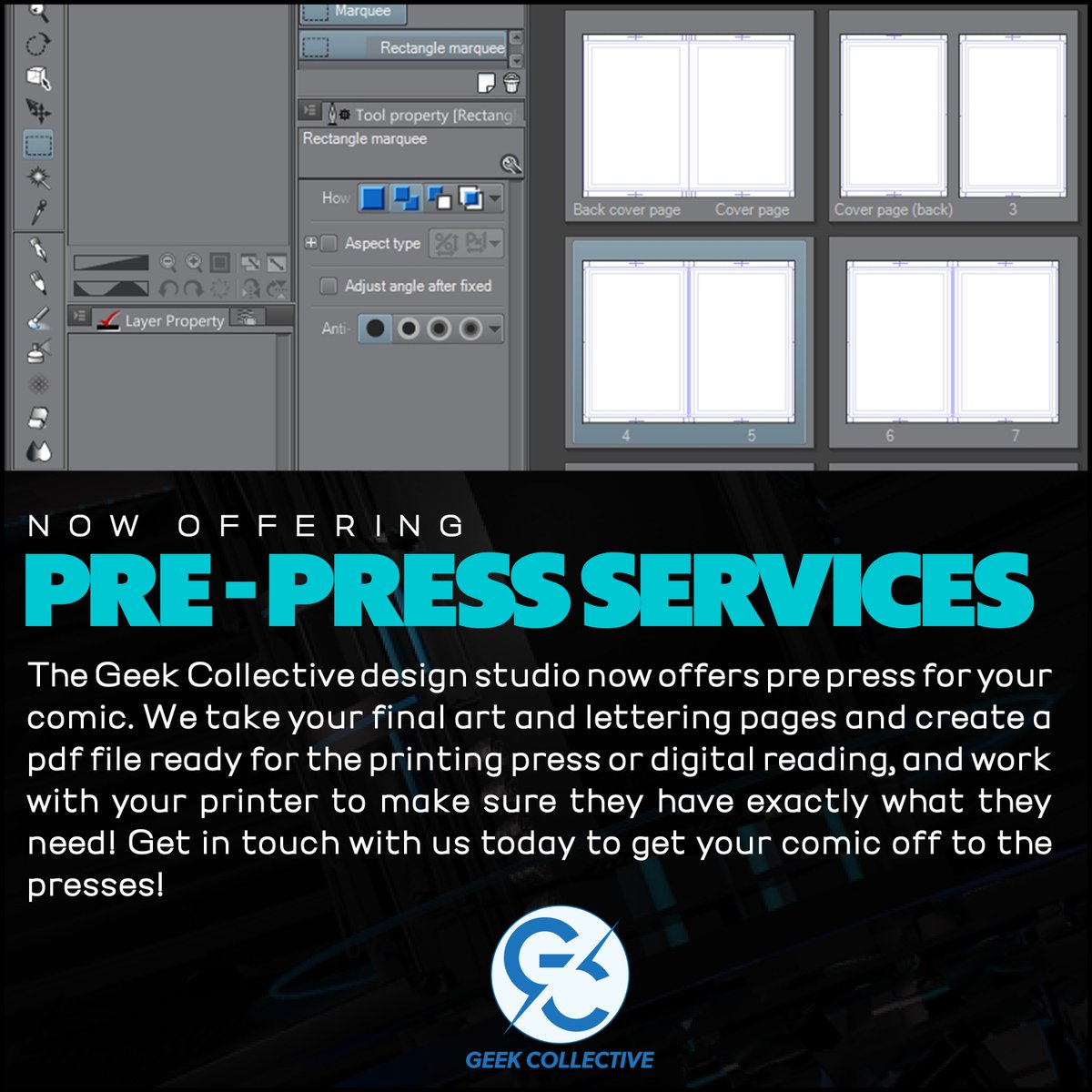 We also help with Prepress & Design
email at info@geekcollective.net