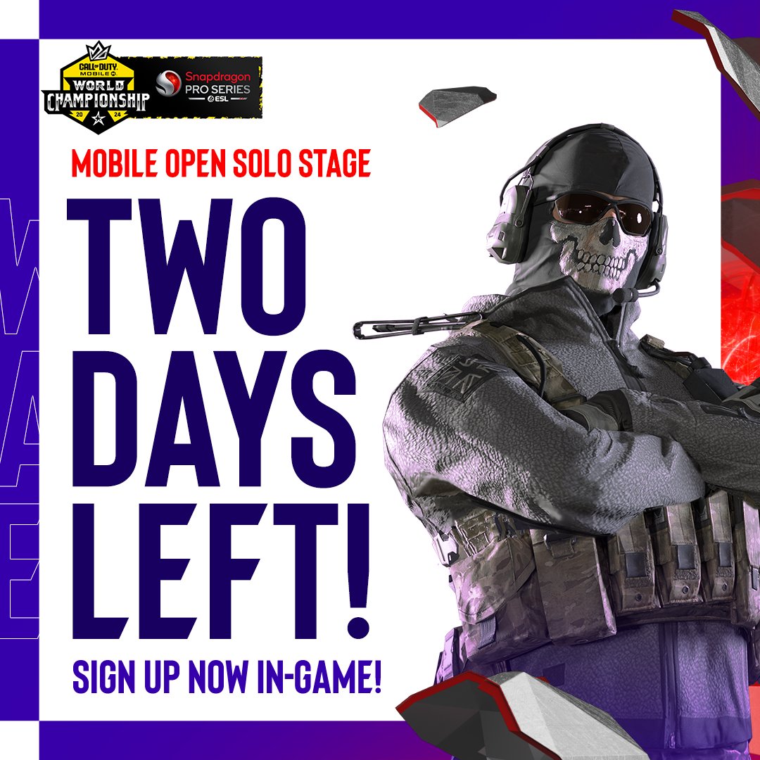 📣 Time's running out! Begin your journey to this year's #CODMCHAMPS24 x #SnapdragonProSeries World Championship now! ⌛ You've only got two days left to qualify for Stage 2 through in-game play! Don't miss out on this opportunity! 🔥