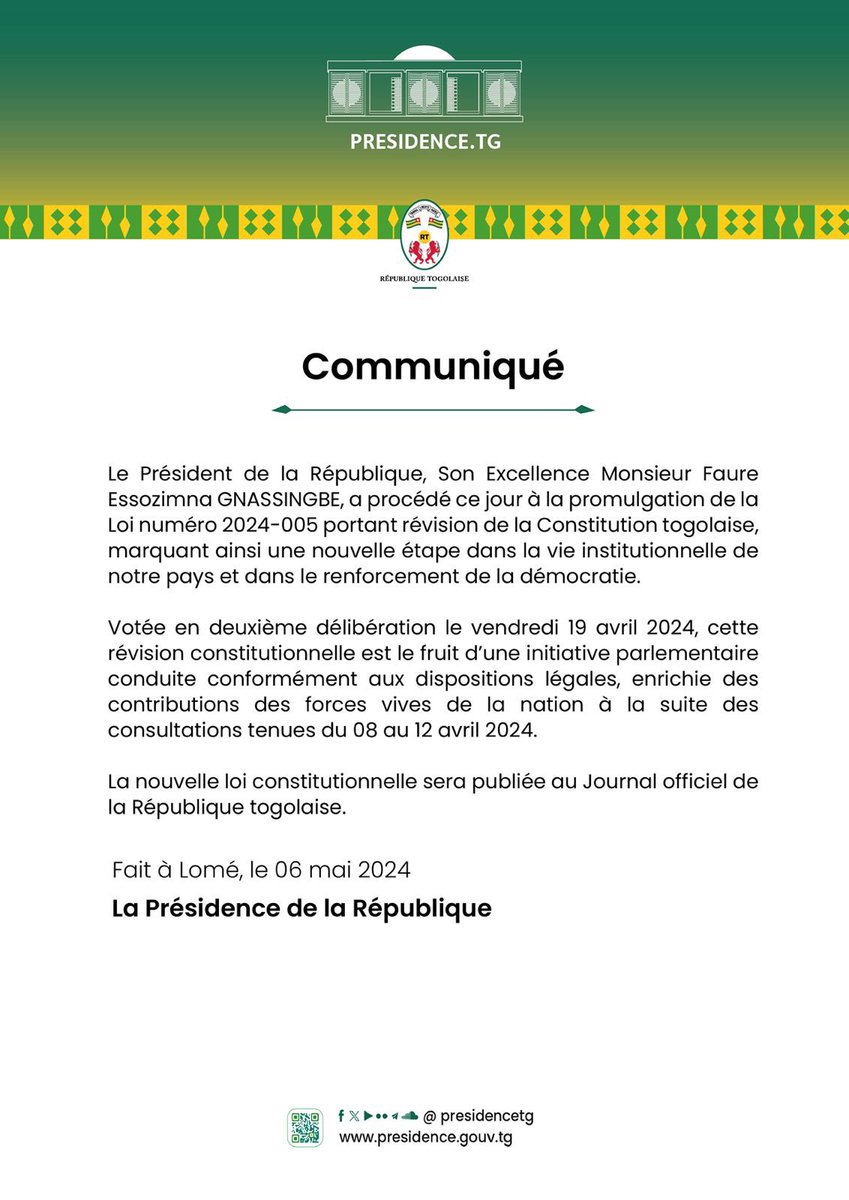 Le Président de la République, Son Excellence Monsieur @FEGnassingbe , a procédé ce jour à la promulgation de la Loi numéro 2024-005 portant révision de la Constitution togolaise, marquant ainsi une nouvelle étape dans la vie institutionnelle de notre pays et dans le renforcement…
