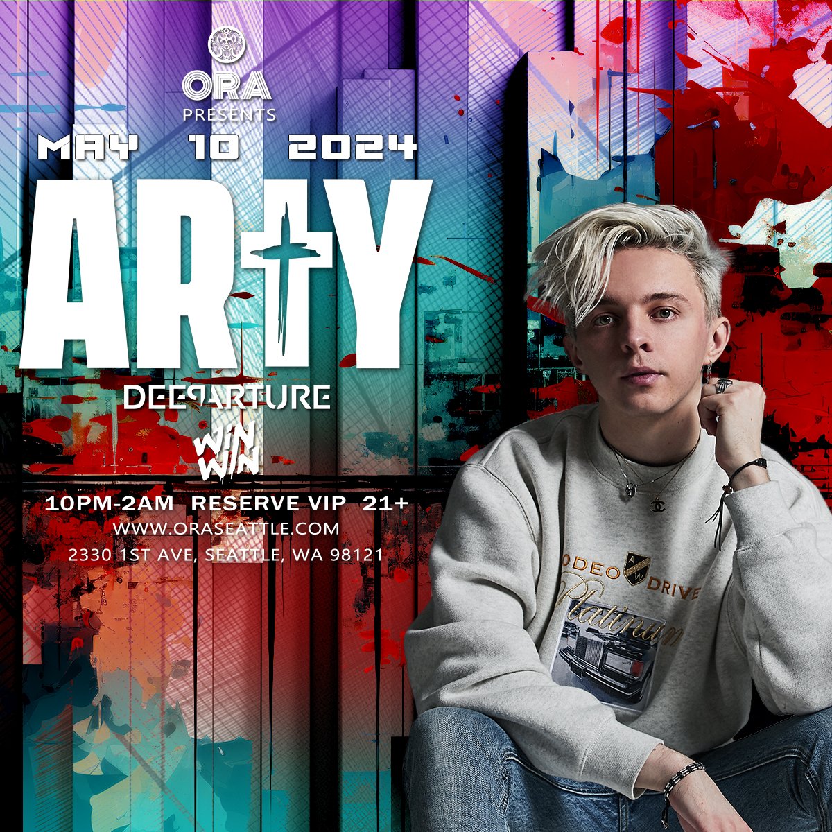 Ora Nightclub This Friday May 10- Arty time 
@artymusic at @oraseattle
 Come Join the Party with Arty.
Opening the Decks are @deeparturenl and @itswinwinmusic 
#oraseattle #arty #deeparture #winwin #edm #trace #party #housemusic #NightClubs #eventsinseattle