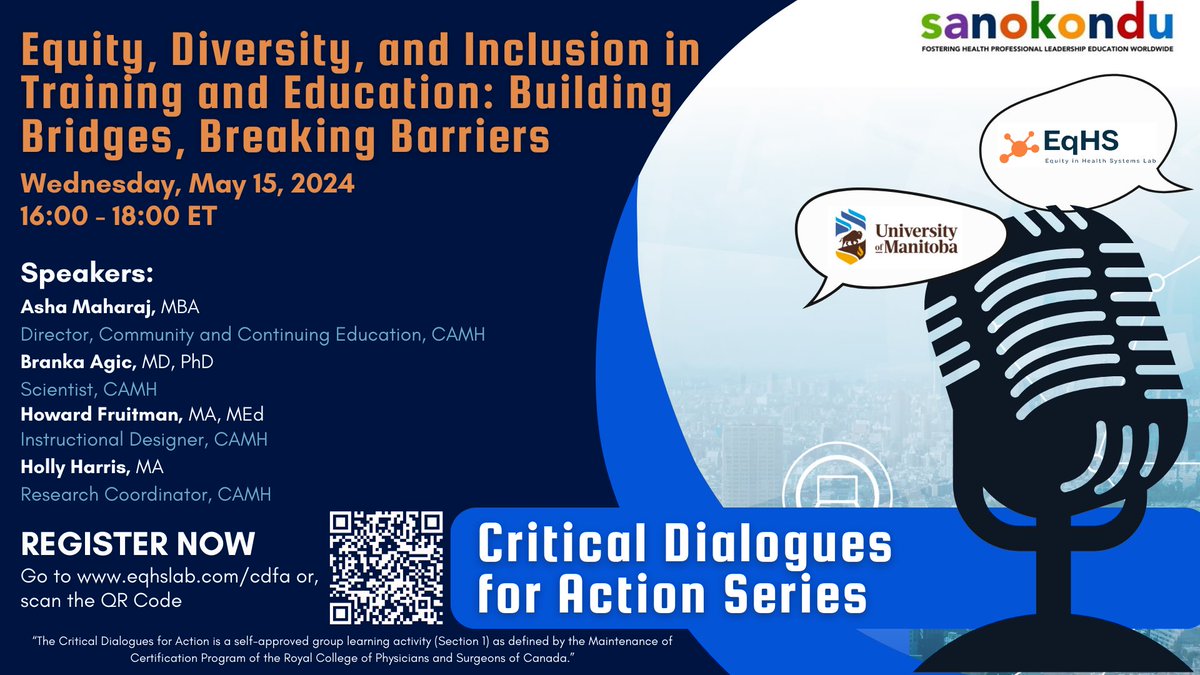 Excited to announce our upcoming CDFA session! Join us for an insightful discussion on Equity, Diversity, and Inclusion in Training and Education. Let's build bridges, break barriers, and create a more inclusive future together. Don't miss out! @MKChan_RCPSC @sanokondu