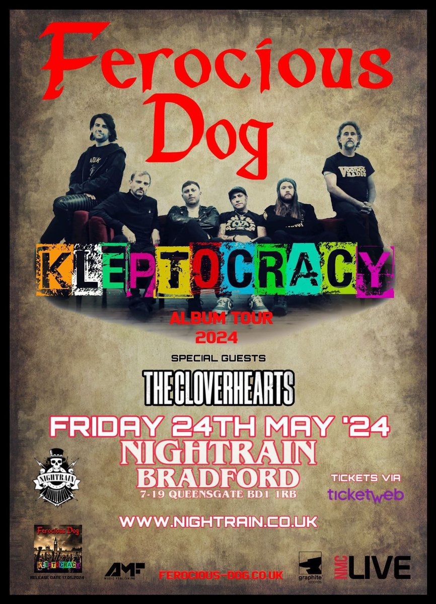 ‼️NOT LONG TO GO‼️ 🔥FEROCIOUS DOG🔥 + 🍀THE CLOVERHEARTS🖤 Kleptocracy Album Tour ▪️FRIDAY 24th MAY 🔻TICKETS ticketweb.uk/event/ferociou… @FerociousDog @TheCloverhearts @visitBradford @NMCLtd @LocalSoundFocus @ITHERETWEETER1 @Yorkshire_Gigs @allgigs