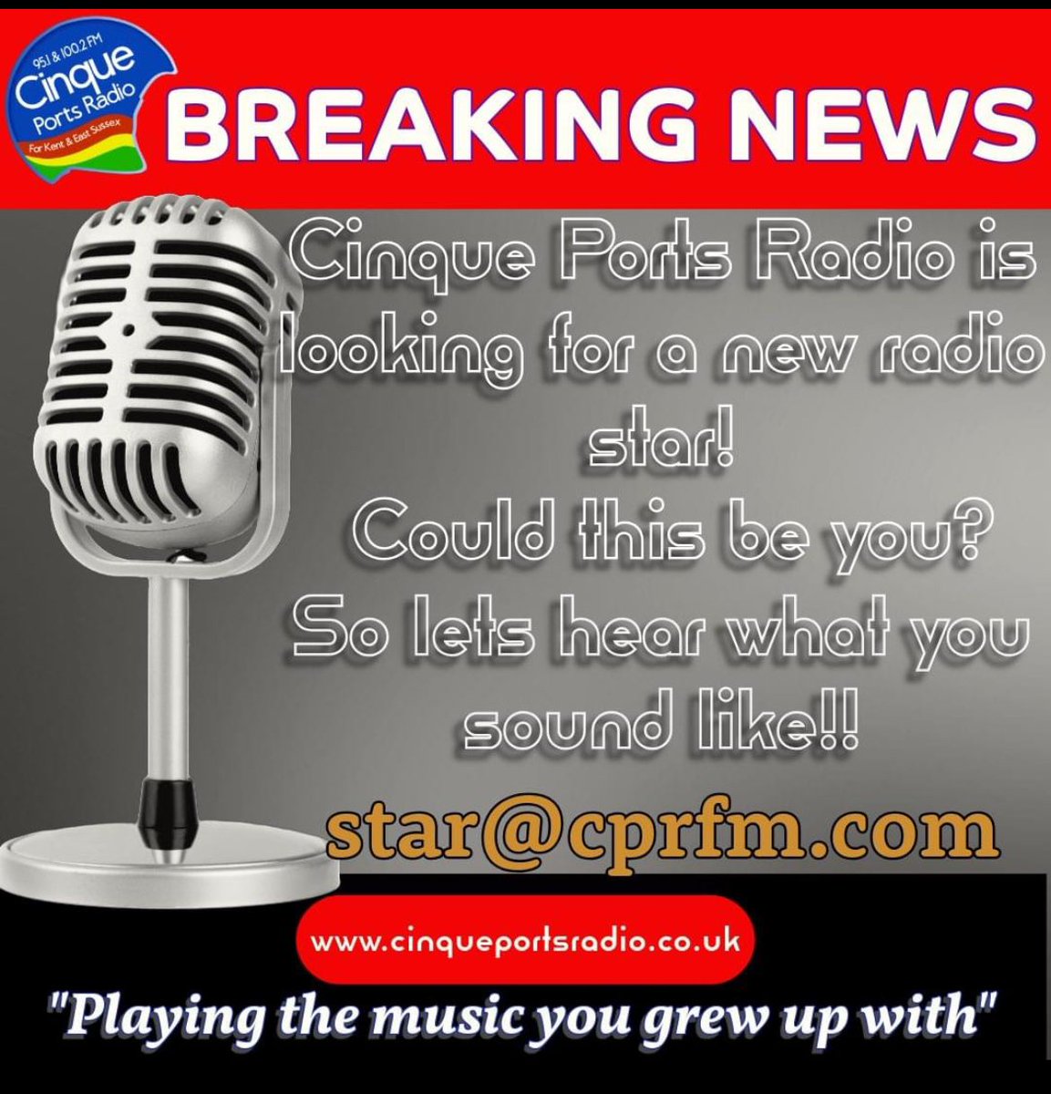 Cinque Ports Radio (@cinqueradio) on Twitter photo Do you like to talk? Do you have a passion for entertaining people? Well you could be our new radio star! Send us a recording of you telling us why YOU think you should be our next radio star! Email: star@cprfm.com Do you like to talk? Do you have a passion for entertaining people? Well you could be our new radio star! Send us a recording of you telling us why YOU think you should be our next radio star! Email: star@cprfm.com