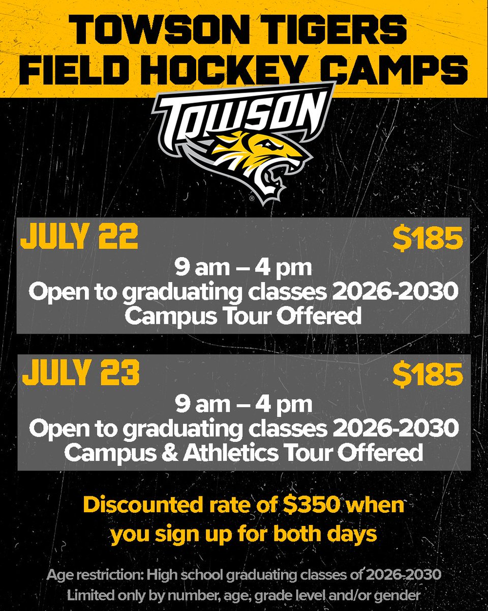 Spots are filling up fast for Towson Tigers field hockey summer camps! Visit the link below or in our bio to secure your spot today! ⤵️ bit.ly/3UtdplC #GohTigers