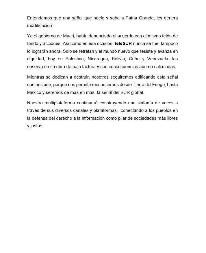 Mediante un comunicado oficial la presidenta de @teleSURtv, @pvillegas_tlSUR , emitió su respuesta ante la censura del medio de comunicación en el Gobierno de #Argentina, de @JMilei