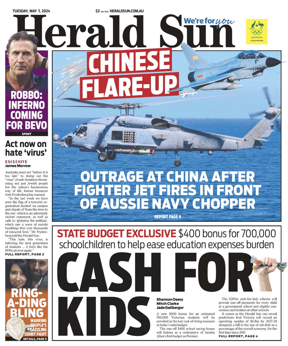 Front Page Of Today’s Herald Sun

1. Despite an endless amount of Albo Rim licking , China still fired in front of our Navy Chopper. China has no respect for our weak Labor PM.

2, Labor trying to bribe their way out of atrocious governance.

#Auspol #LaborTrash Govt’s