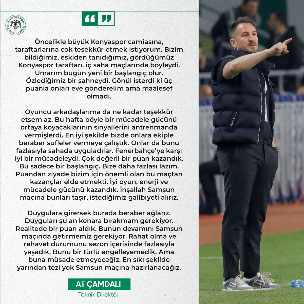 'Puandan ziyade bizim için önemli olan bu maçtan kazançlar elde etmekti. İyi oyun, enerji ve mücadele gücünü kazandık.' 🎙️ Teknik Direktörümüz Ali Çamdalı, Fenerbahçe maçı sonrası açıklamalarda bulundu.