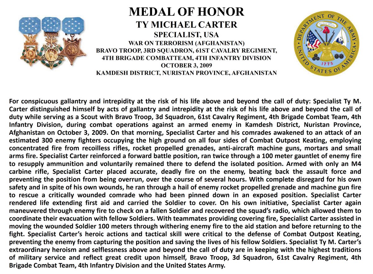 Medal of Honor Monday. SPC Ty Carter, USA, GWOT Afghanistan.