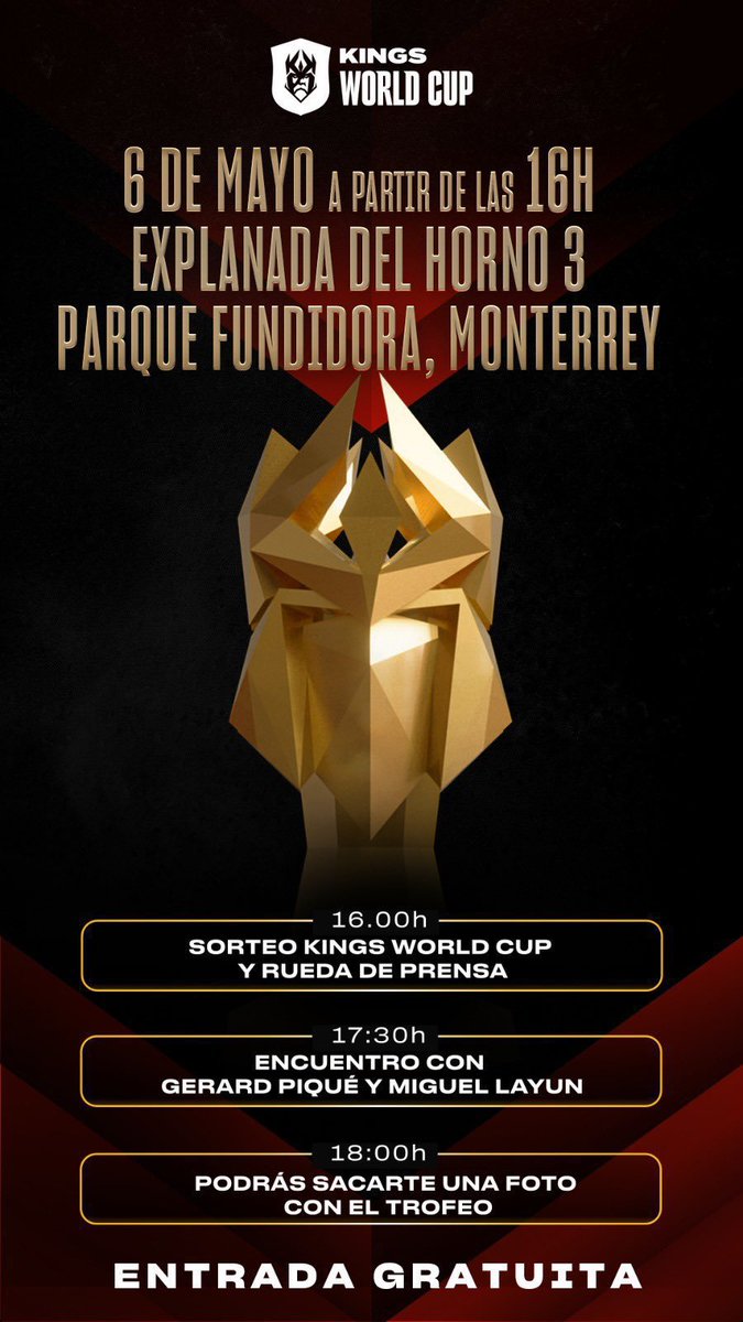 Para los pollitos en Monterrey, pueden asistir HOY (6 de mayo) a las 4:00 P.M. 🇲🇽 al sorteo del Mundial de la Kings League 📍 La Explanada del Horno 3, Parque Fundidora ¡ENTRADA COMPLETAMENTE GRATIS!