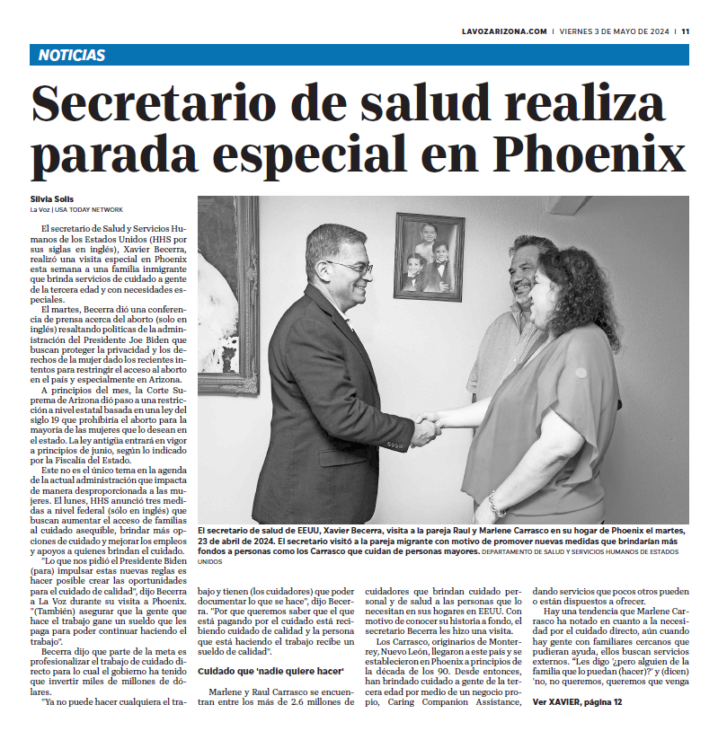 renata912m's tweet photo. Artículo en @LaVozaz este fin de semana: @SecBecerra se reunió con dos cuidadores domiciliarios en Phoenix para #CareWeek https://t.co/nIXgcHd9Ck