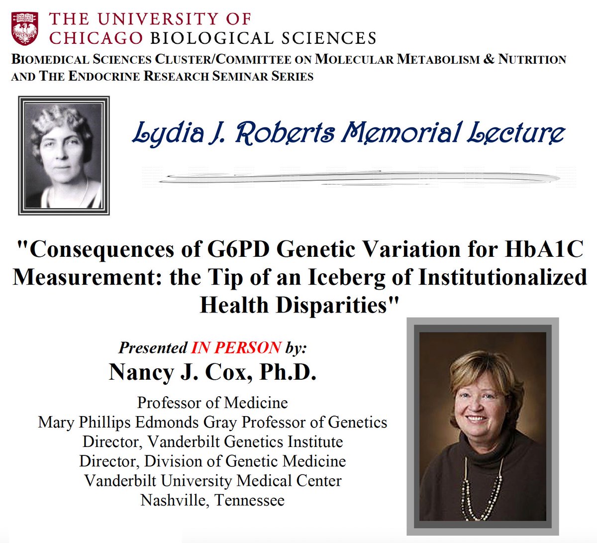 Join us TONIGHT for a special seminar by Dr. Nancy Cox.

Mon, May 6
5 pm CT
In Person &amp; On Zoom - DM for link