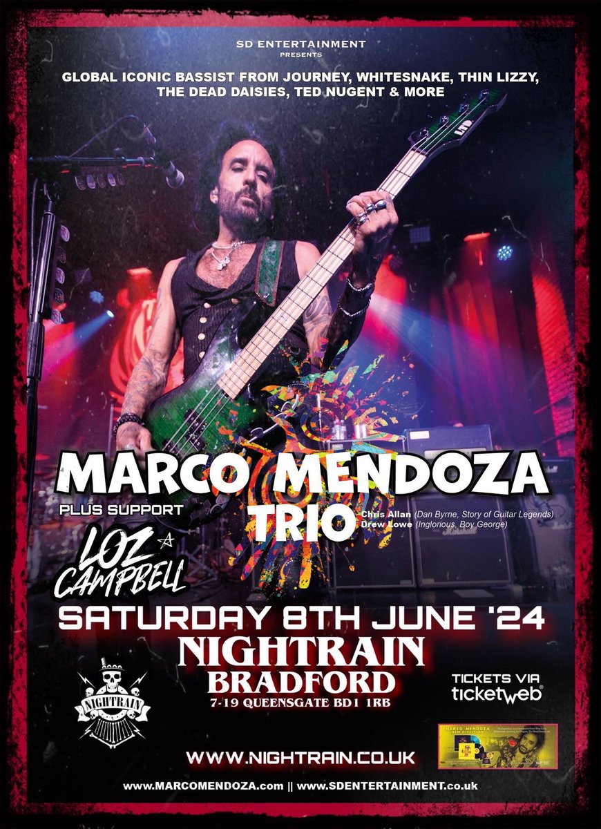 💥MARCO MENDOZA TRIO💥 Iconic Bassist of ▪️Journey ▪️White snake ▪️Thin Lizzy ▪️The Dead Daises ▪️Ted Nugent ▪️& More ➕Support LOZ CAMPBELL‼️ ▪️SATURDAY 8TH JUNE▪️ nightrain.co.uk ticketweb.uk/event/marco-me… @CasaMendoza2012 @allgigs @gigseekr @Yorkshire_Gigs