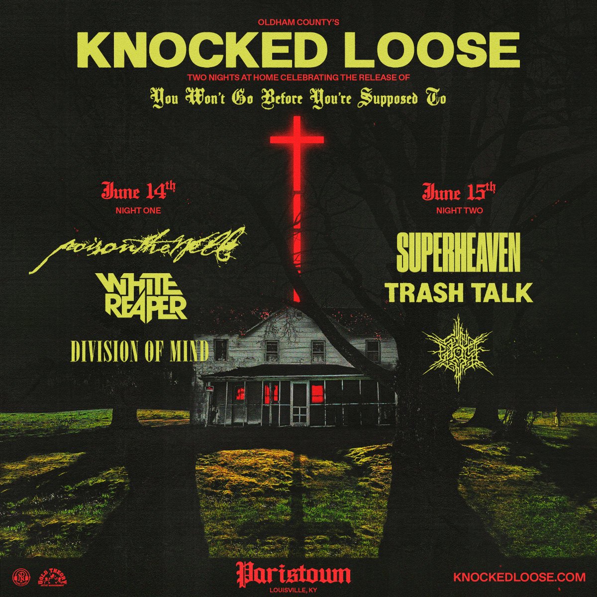 2⃣ nights of @knockedloose at @ParistownHall! On sale THIS FRIDAY! 6/14 ▪ @knockedloose ▪ @POISON_THE_WELL ▪ @WhiteReaperUSA ▪ Division of Mind 🎫: bit.ly/OFPHKnockedLoo… 6/15 ▪ @knockedloose ▪ @superheavenband ▪ @TRASH_TALK ▪ @psychoframedc 🎫: bit.ly/OFPHKnockedLoo…