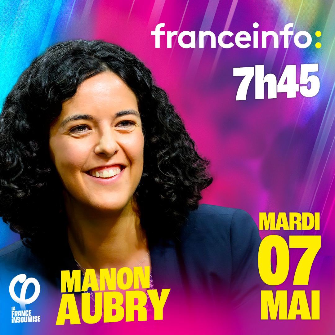 📺 Retrouvez @ManonAubryFr tête de liste de l'Union populaire à partir de 7h45 sur FranceInfo. #UnionPopulaire