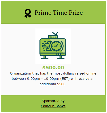 GiveLocalMOV's tweet image. Our friends at @CalhounBanksWV  are sponsoring the Prime Time Prize!  Check it out and make your donation at givelocalmov.org.