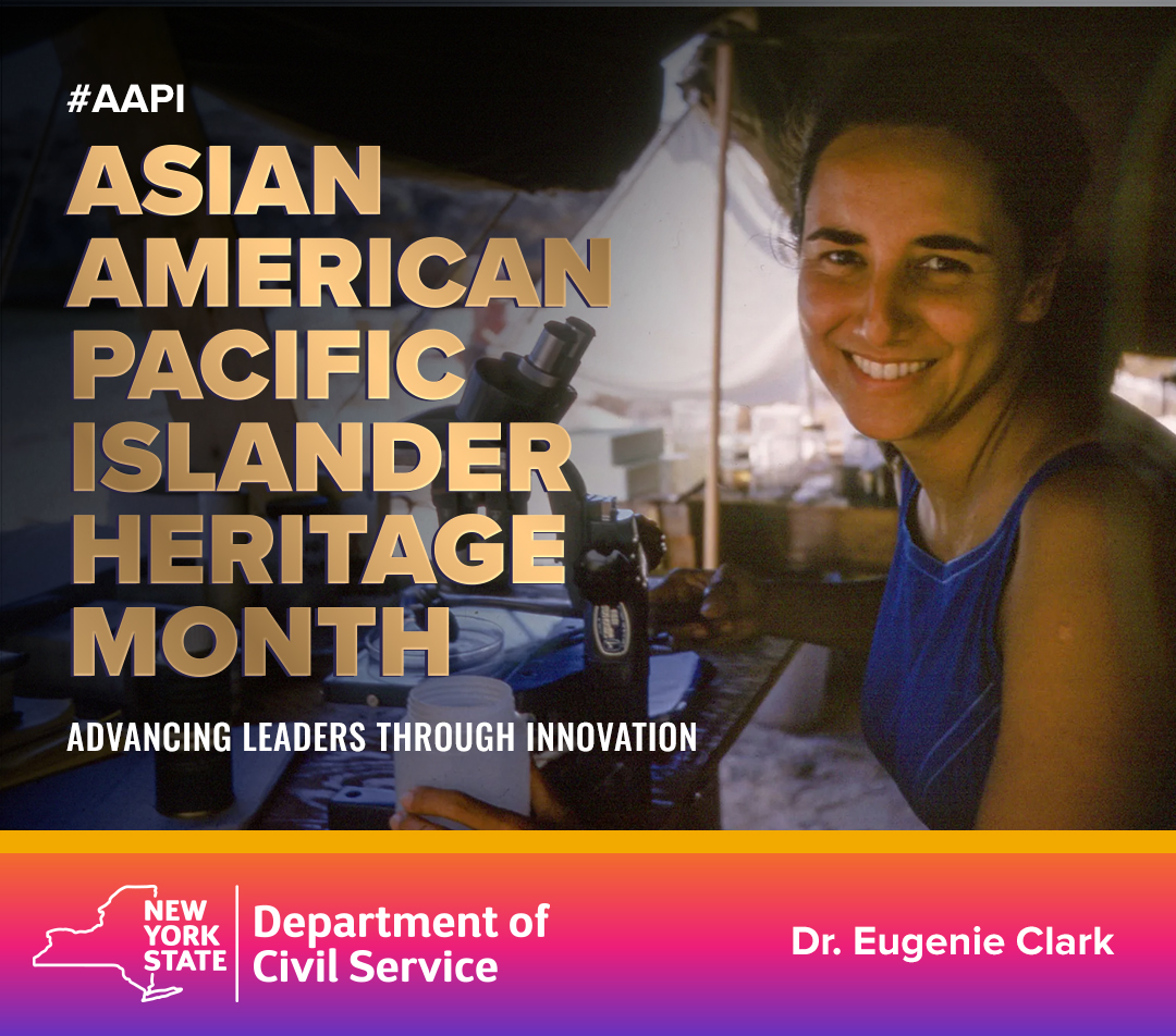 Celebrating #AAPI History in New York State! 🗽 Japanese-American biologist Dr. Eugenie Clark grew up visiting the New York State Aquarium. Dr. Clark was also known as the “Shark Lady” for her notable contributions to research on sharks.