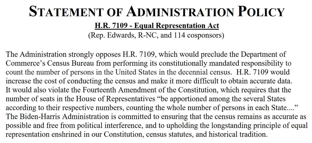 NEW: Biden admin says it 'strongly opposes' a House bill to add a citizenship question to the #2030Census & exclude U.S. residents who are not U.S. citizens from a count that the 14th Amendment says must include the 'whole number of persons in each state”
whitehouse.gov/wp-content/upl…