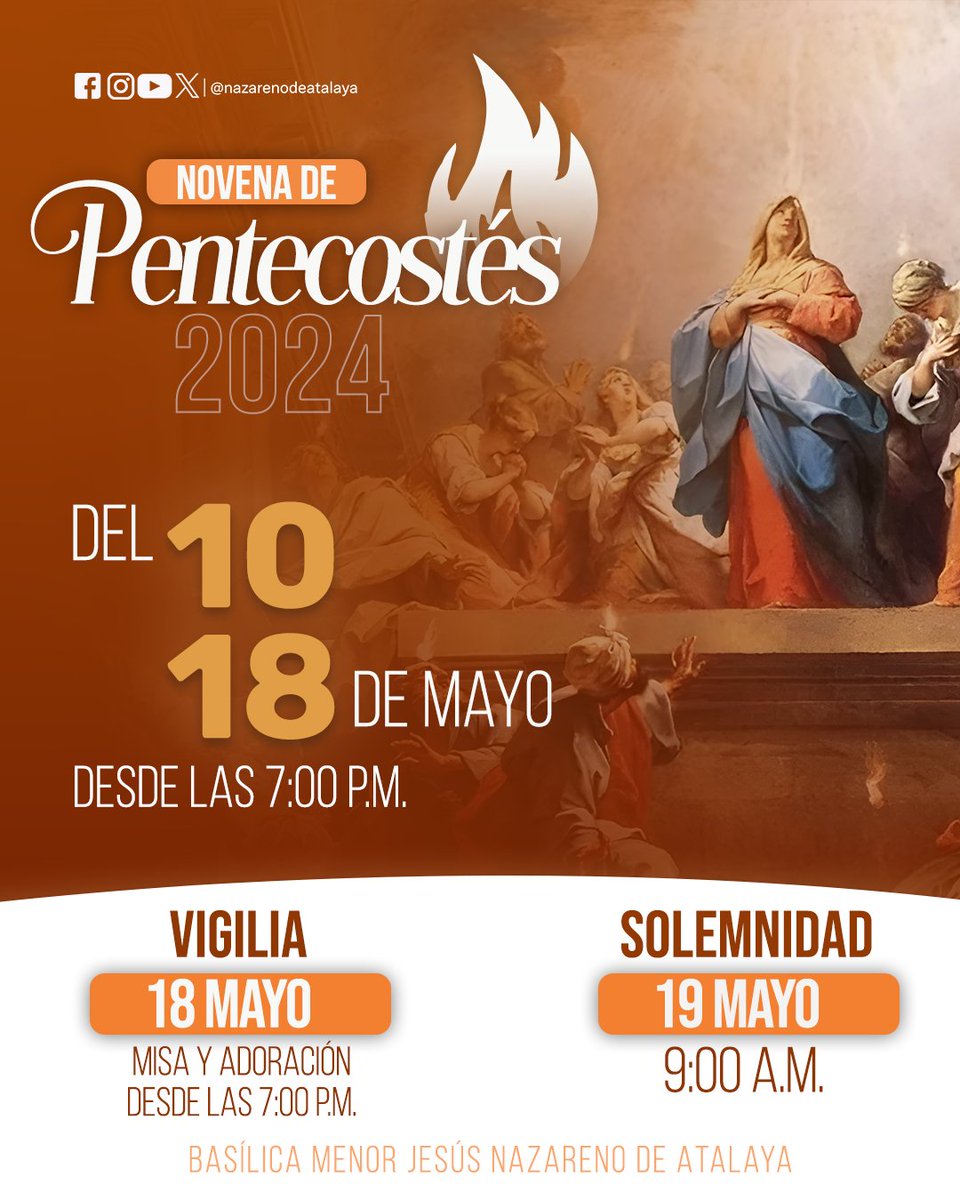 Hermanos y hermanas están cordialmente invitados a la Novena de Pentecostés del 10 al 18 de Mayo, desde las 7:00 p.m.

Vigilia Sábado 18 de Mayo, Misa y Adoración desde las 7:00 p.m.
Solemnidad Domingo 19 de Mayo. 9:00 a.m.

#Pentecostes #Pentecostes2024