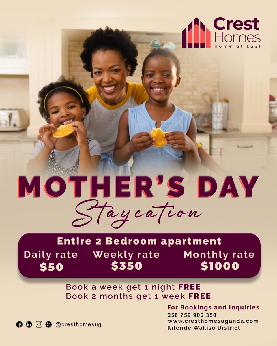 Mom Deserves a Break This Mother's Day!

Treat her to a luxurious staycation at Our fully furnished & serviced apartments  perfect for creating unforgettable memories.
A haven to appreciate Uganda's exquisite culture.

Book Now Contact us: 256759906350 or 0772121249
#homeatlast