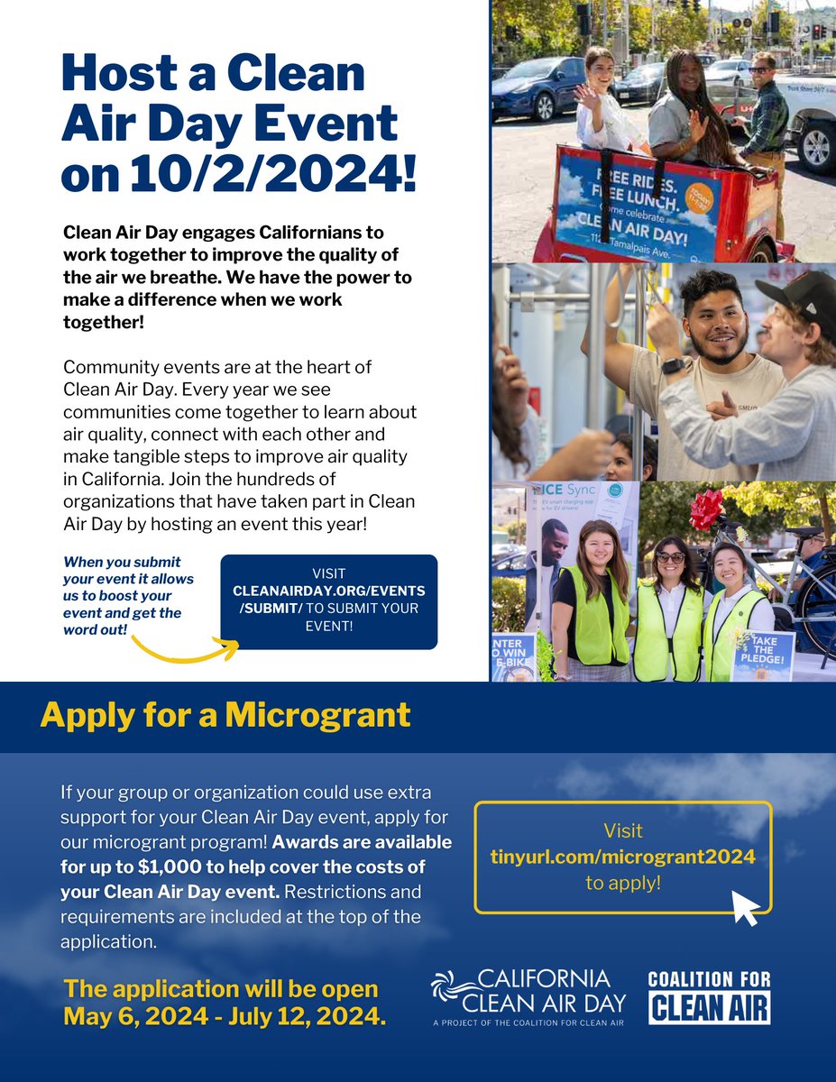 Exciting news! Our Microgrant application for 2024 Clean Air Day events is now OPEN! From May 6th - July 12th, you can apply for funding to host an event that promotes cleaner air in your community. Don't miss out – apply today: tinyurl.com/microgrant2024

#CleanAirDayCA #Microgrant