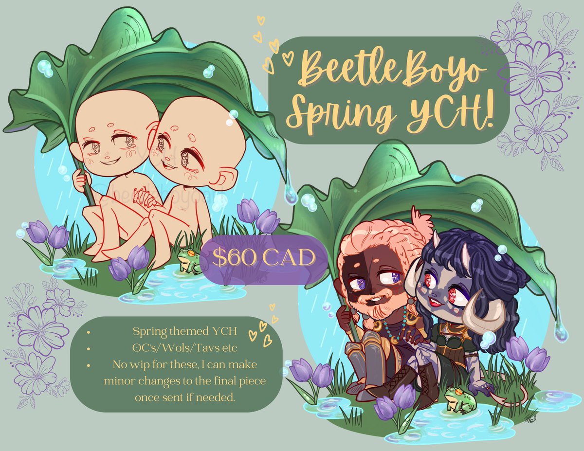 💐Spring YCH Batch 2 electric boogaloo! 🌧️💐

I am opening another batch of this spring themed ych! I'll be keeping the forms open until WED May 8th 11am MST, so get them while they're open! 😊💕

🔗 can be found below!