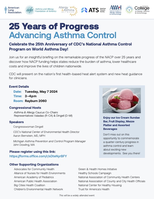 On #WorldAsthmaDay – May 7th – we're co-hosting a Congressional briefing on the importance of the CDC’s National Asthma Control Program. We’ll join @lungassociation and @allergyasthmaHQ to highlight the benefits of this program for the 27 million people in the U.S. with asthma