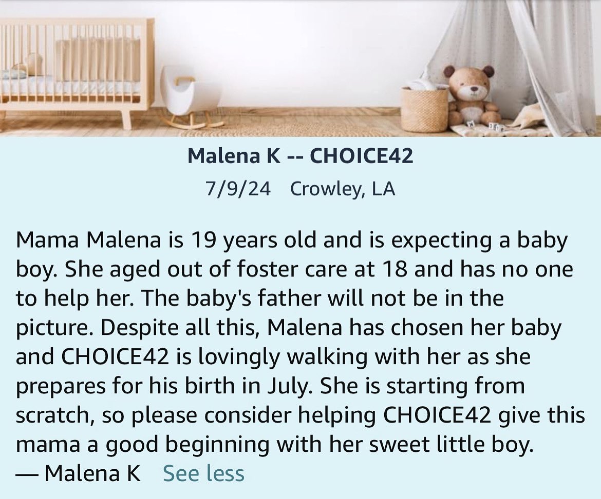 Malena is 19-years-old and became pregnant after aging out of the foster care system. The baby’s father wants nothing to do with him and Malena is very much alone. She is choosing her son and we are here to support her. 

Link to baby registry: 

amazon.com/baby-reg/malen…
