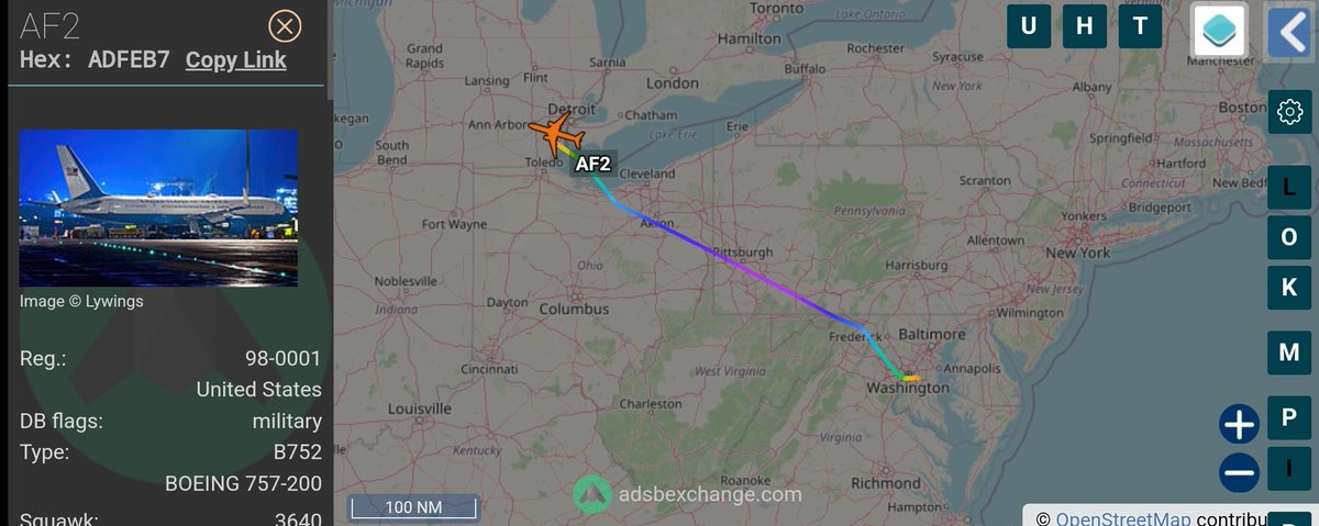 globe.adsbexchange.com/?icao=ADFEB7 

USAF 98-0001 (752) C-32A 
call sign AF2 Hex #ADFEB7

🇺🇸🇺🇸🇺🇸🇺🇸🇺🇸