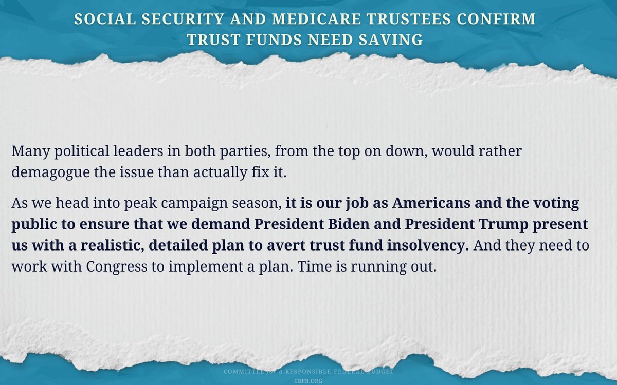 🚨 The Trustees for #SocialSecurity and #Medicare released their annual report on the status of the trust funds today. The Trustees project the Medicare Hospital Insurance (HI) trust fund will exhaust its reserves in 2036 while the Social Security Old-Age and Survivors Insurance…